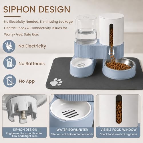 Gravity Cat Feeder 2 Pack Automatic Food Feeder Stainless Steel Water Dispenser Set 360 Degree Rotatable Pet Bowls with Silicone Mat for Cats Small Medium Dogs, Large Capacity(Blue) - Image 3