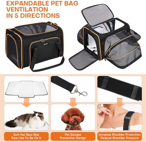 Pet Carrier, Large Soft Sided Expandable Travel Carrier with Steel Frame, Anti-Scratch Mesh, Removable Fleece Pad and Pockets for Cats, Dogs and Small Animals up to 15 lbs (Black, 5 Sides Expandable) - Image 4