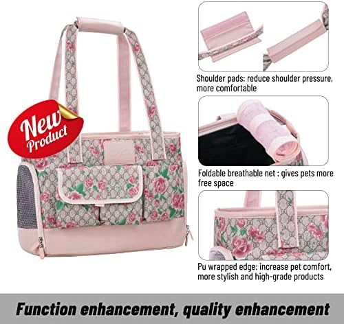 Dog Carrier, Cat Carrier, Pet Carrier, Foldable Waterproof Premium PU Leather Oxford Cloth Dog Purse, Portable Tote Bag Carrier for Small to Medium Cats and Small Dogs (Flower Pattern) - Image 4