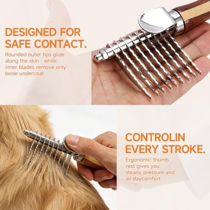 Pet Dematting Comb for Dogs & Cats, 45° Stainless Steel Undercoat Rake Removes Mats, Knots, Tangles & Loose Fur, Grooming Brush for Long & Short Haired Pets, Ergonomic Natural Bamboo Handle - Image 5