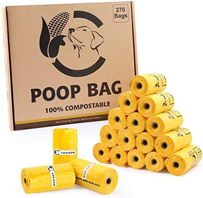 Certified Compostable Dog Poop Bags, 270 Count Landfill Friendly and Leakproof Waste Bags, Easy Open Unscented Maize Yellow Poop Bag for Dog, 15 Doggy Bags Per Roll (18 rolls) by Codirom