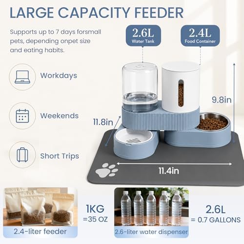 Gravity Cat Feeder and Water Dispenser 2 Pack Automatic Stainless Steel Feeder Bowls with Silicone Mat and Brush Set, Dry Food and Water Dispenser for Cats Small Medium Dogs(Blue) - Image 4