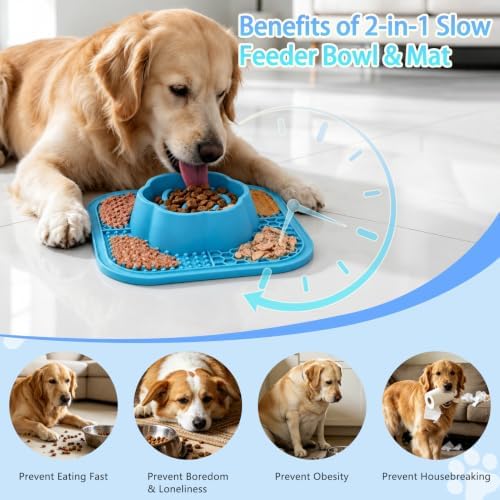 Slow Feeder Dog Bowls and Lick Mat for Dogs, Non-Slip Dog Bowl for Wet and Dry Food with Suction Cups for Slow Feeding & Anxiety Relief for Small to Large Dogs and Cats Blue - Image 2