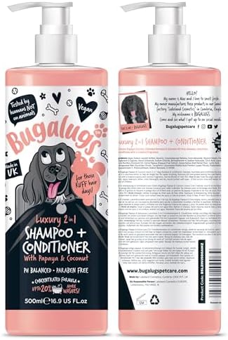 BUGALUGS Dog Shampoo Luxury 2 in 1 Papaya & Coconut Dog Grooming Shampoo Products for Smelly Dogs with Fragrance, Best Puppy Shampoo, Professional Groom Vegan pet Shampoo & Conditioner by BUGALUGS