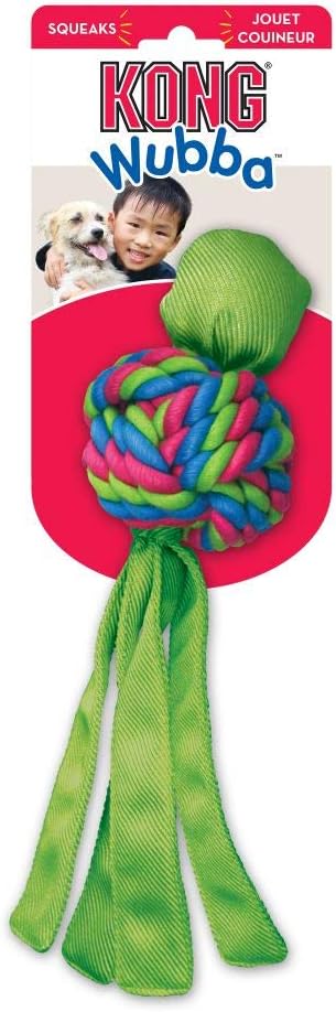 KONG - Wubba Weaves with Rope - Durable Dog Fetch and Chew Toy, Cleans Teeth - for Large Dogs (Colors Vary)