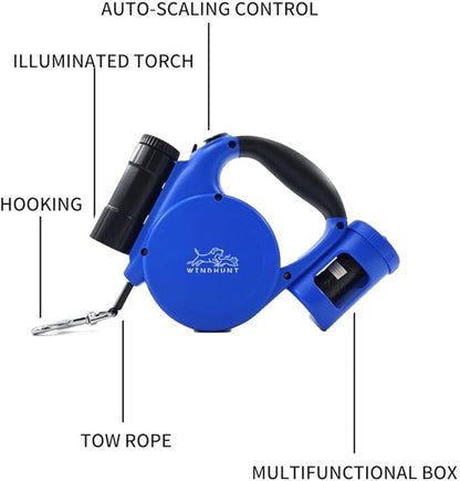 360° Tangle-Free Retractable Dog Leash with Flashlight, Dispenser and Poop Bag Heavy-Duty Nylon Tape for Small, Medium Dogs and Cats One-Handed Brake and Lock, Blue