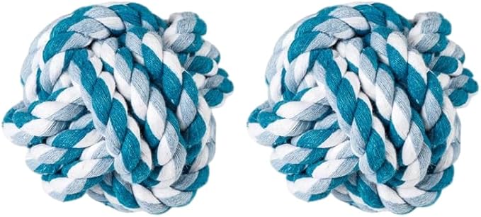 Durable Cotton Rope Dog Ball Toy, Hand-Woven Chew and Teeth-Cleaning for Puppies and Small to Medium Dogs, Interactive Play and Training (2 Pack Set) (Blue-to-White)