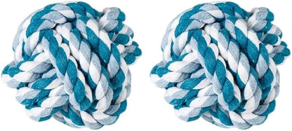 Durable Cotton Rope Dog Ball Toy, Hand-Woven Chew and Teeth-Cleaning for Puppies and Small to Medium Dogs, Interactive Play and Training (2 Pack Set) (Blue-to-White)