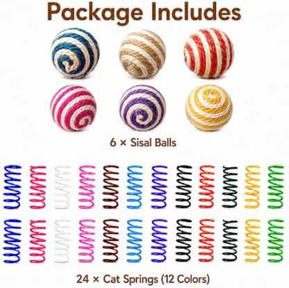 Cat Toys for Indoor Cats, 6 Sisal Balls & 24 Colorful Springs - Image 2