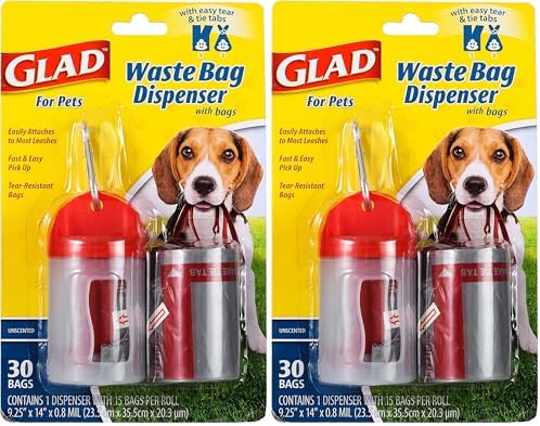 Glad for Pets Extra Large Unscented Heavy Duty Dog Waste Bags with Dispenser and Metal Clip | Plastic Disposable Poop Bags for Dogs, Easy to Use for Dog Walking, 30 Count (Pack of 2) by GladTrashFoodStorage