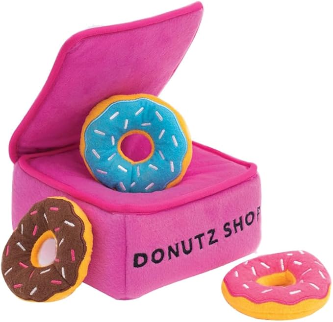 ZippyPaws Burrow- Interactive Dog & Puppy Toys for Boredom, Stimulating Pet Products to Keep Them Busy, Hide & Seek Plush Dog Puzzle, Enrichment Squeaky Toy, for Small & Medium Dogs- Donutz Box
