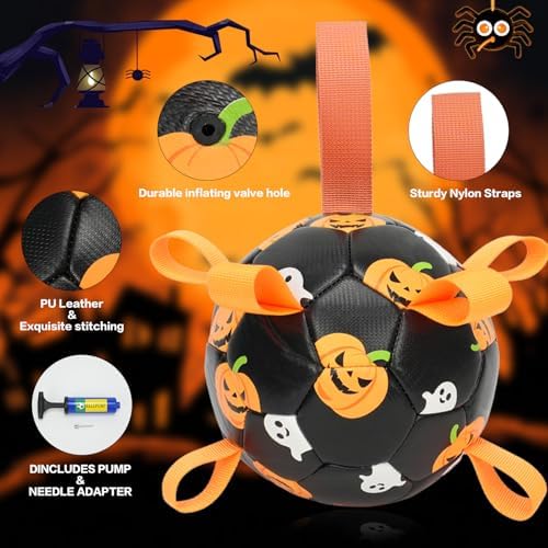 Dog Toys Balls, Dog Soccer Ball with Straps, Dog Birthday Gifts, Durable Balls for Small Medium Pet, Puppy Outdoor Toy, Pet Training Soccer Ball, World Cup Soccer (7.25 Inch) (Ghost, Large) - Image 2