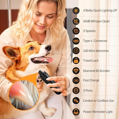 YABIFE 4-Lights Dog Nail Grinder, Easy Quick Locate Dog Nail Trimmers, for Puppy Paw Toenails or Pets from Small, Medium to Large, with Travel Lock, Whisper Quiet, Heavy Duty 3 Speeds - Image 7