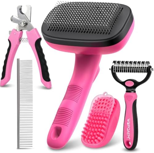 5 PCS Cat & Dog Grooming Kit Brush, Self-Cleaning Slicker Hair Brush, Nail Clipper, Undercoat Rake, Pet Bath Brush with Removable Screen,Pet Comb for Short & Long Haired Dogs Cats, Pink by WOPQAEM%C2%AE