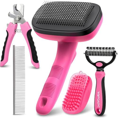 5 PCS Cat & Dog Grooming Kit Brush, Self-Cleaning Slicker Hair Brush, Nail Clipper, Undercoat Rake, Pet Bath Brush with Removable Screen,Pet Comb for Short & Long Haired Dogs Cats, Pink by WOPQAEM%C2%AE