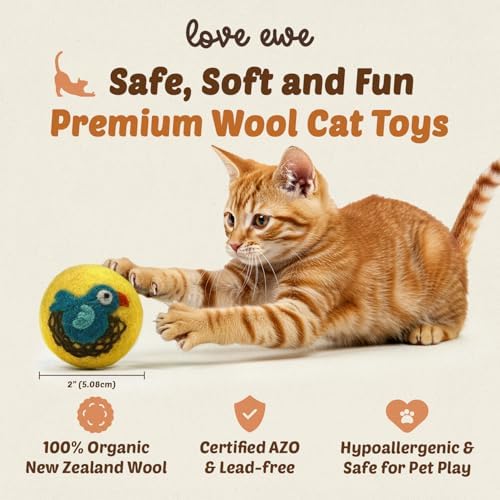 Love Ewe Wool Cat Toys Ball 3 Pack, 2-inch Fish and Bird - Image 2
