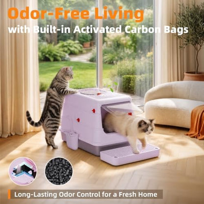 4-in-1 Stainless Steel Cat Litter Box with Flip Lid and High Sides, Lilac - Image 3