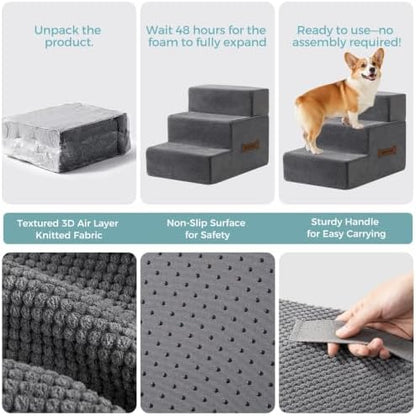 Dog Stairs, Steps and Ramp for High Bed & Sofa, 13-24" H Detachable Pet Stairs for Small Medium Dogs, Sturdy 40D Foam, Non-Slip, Washable Cover with Lint Roller, Grey - Image 2