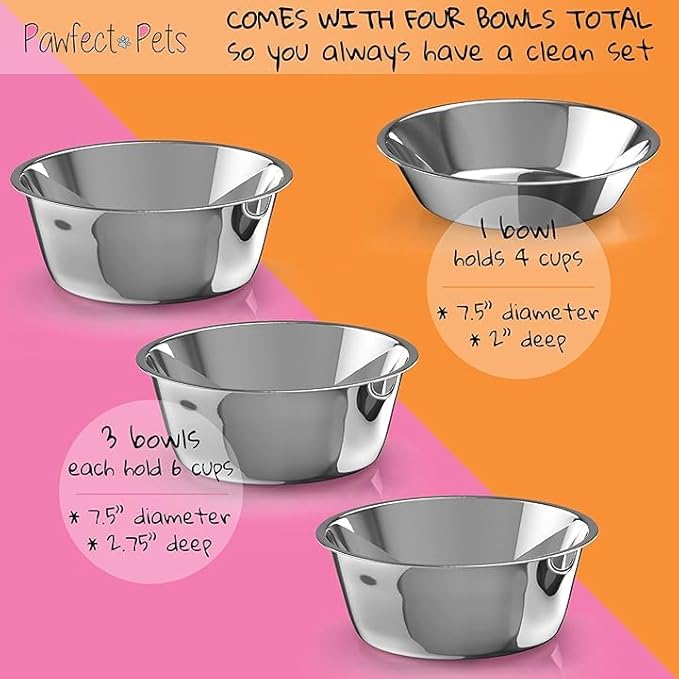 Pawfect Pets Elevated Dog Bowl Stand- 7" Raised Pet Feeder for Medium Dogs with Four Stainless Steel Bowls.
