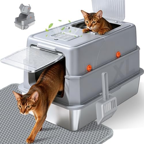 Enclosed Stainless Steel Litter Box, XL Covered MetalPan Includes Mat Scoop by KISENG