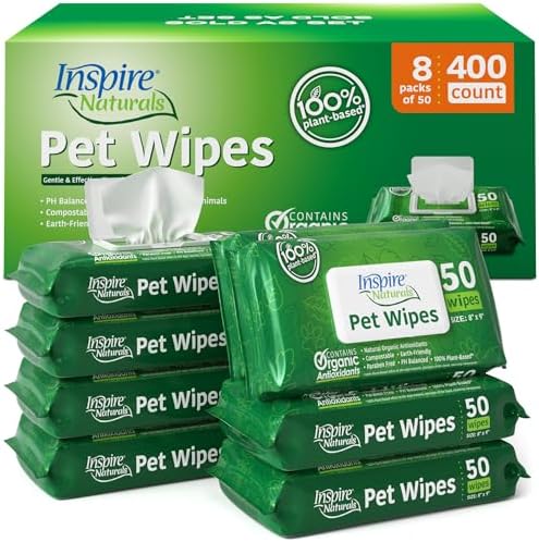 Inspire Naturals Pet Wipes for Dogs and Cats 100% Natural Plant Based with Organic Antioxidants, Dog Wipe Cleaning Deodorizing | Puppy Wipes | Dog Wipes for Paws and Butt (400ct - 8 Pack) by Inspire