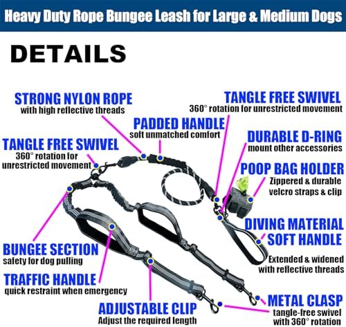 Double Dog Leash No Pull Bungee Hands Free Black Large Dogs - Image 3