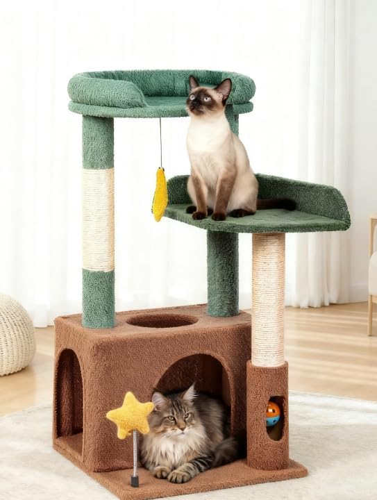 31" Cute Cat Tower for Indoor Kittens with Cat Condo, Plush Platform, Hammock, Sisal Scratching Posts, Dangling Ball, Tall Cat Tree Tower with Self-Grooming Brush (Olive Green)