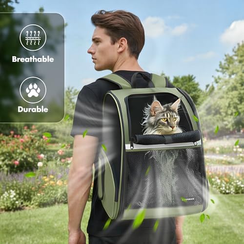 Pet Backpack Carrier, Large Cat Carrier Backpack Up to 20 Lbs with Breathable Mesh, for Medium Large Cats or Small Dogs, Travel Hiking Camping Backpack (DarkGreen-XL) - Image 3