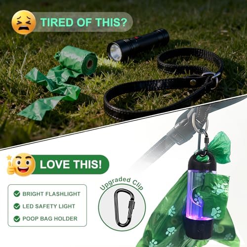 Tubasion 3-in-1 Dog Poop Bag Holder with Flashlight 7-Color, USB-C Rechargeable doggie bag holder for leash, IPX6 Waterproof Anti-Slip Clip Pet Waste Bag Dispenser for Walking (2 Dispensers, 60 Bags) - Image 3