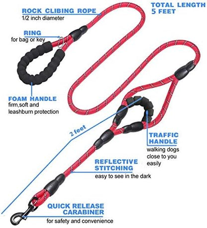 JSXD 5 FT Heavy Duty Double Handle Dog Leash with Comfortable Padded and Reflective Rope, for Small to Large Dogs (Rope-Red) - Image 2