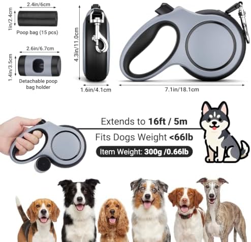 Segarty 16 Ft Retractable Leash with Waste Bag Dispenser, 5m Dog Leash with Anti-Slip Handle 360°Tangle-Free Retraction for Pet up to 66 Lbs, Durable Walking Accessory with One-Handed Brake Pause Lock - Image 2