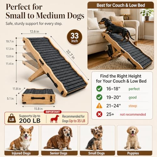 2026 Upgraded Small Dog Ramp for Couch Foldable, 5 Ajustable Height | Height from 9.8" to 20.5", Portable Stable Pet Steps with Non-Slip Pad, Pet Ramps Use for Sofa Couch Stairs, Wood - Image 2