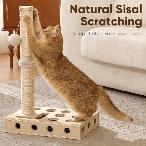 FUKUMARU Sisal Cat Scratching Post, Wood Cat Scratcher with Interactive Box - Image 3