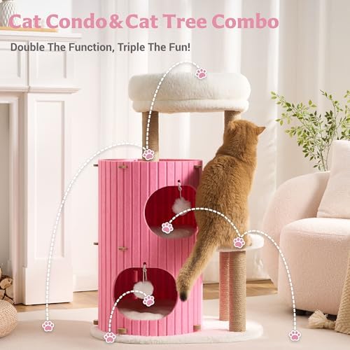 Modern Cat Tree for Indoor Small & Medium Cats, 36" Cat Tower with Scratching Posts, 2 Cozy Cat Caves, Top Perch, Dangling Balls, Washable Cushions, Space-Saving Cat Condo, Pink - Image 6