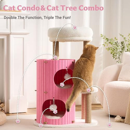 Modern Cat Tree for Indoor Small & Medium Cats, 36" Cat Tower with Scratching Posts, 2 Cozy Cat Caves, Top Perch, Dangling Balls, Washable Cushions, Space-Saving Cat Condo, Pink - Image 6