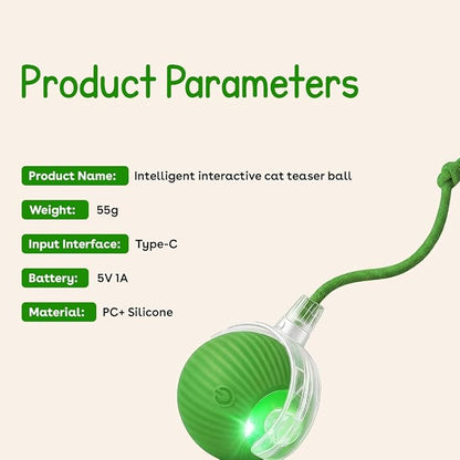 Interactive Cat Toy Ball, Automatic Intercative Cat Toys for Indoor Cats, The 3rd Generation Agile Moving Cat Ball with Elastic Mesh Tail, Toys for Indoor Adult Cats (Green)