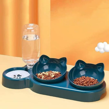 Triple Cat Bowls for Food and Water, Plastic Raised Cat Dishes, Automatic Water Bottle 3 in 1 Pet Bowls 2 Food Bowls and Water Feeder Set Wet Dry Food Bowl Set for Cats Puppy Small Dogs (Navy Blue)