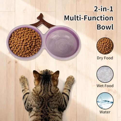 10° Tilted Ceramic Cat Bowls Set - Elevated Food & Water Dishes, Ergonomic Design for Easy Feeding for Cats, Kittens & Small Dogs, 9.4" x 5.1" x 2.3" (Purple) - Image 3