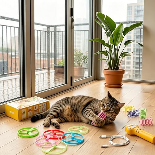 Cat Dog Launcher Toy, Rechargeable Interactive Pet Toy with LED Lights Cat Fetch Toys with 6 Flying Spinner Discs, 8pcs Cat Spring Toy, Adjustable Launch Control for Hunting Indoor Outdoor - Image 5