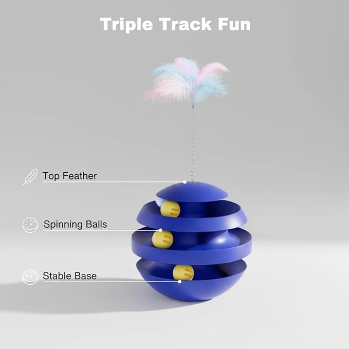 Interactive Cat Toy for Indoor Cats, 3-Layer Ball Track with Tumbler Base & Feather, Self-Play Kitten Toy to Reduce Boredom & Anxiety, Durable Interactive Pet Toy for Kittens and Adult Cats(Blue)