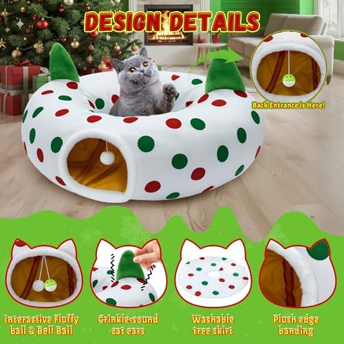 Cat Tunnel Christmas Tree Skirt, 3ft x 3ft x 9.8in Cat Tunnels for Indoor Cats, Red and Green Dot Cat Donut Tunnel with Hanging Ball and Cat Ears, Kitten Toys for Indoor Kittens Puppy Rabbit - Image 3