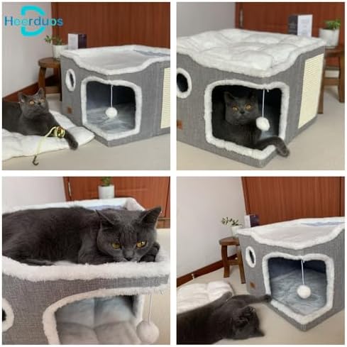 Cat Bed for Indoor Cats,Covered Cat Cave House & Furniture with Scratch Pad,Foldable Cat Hideaway Hut Cute Cat Condo with Soft Washable Mat for Multi Small Pet Under 30 lbs,Light Grey - Image 6