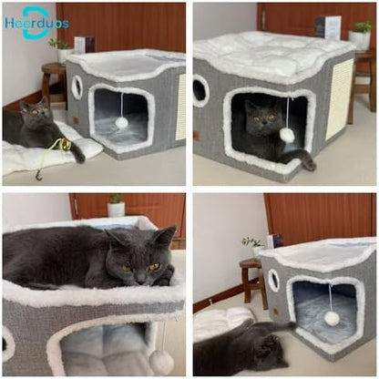 Cat Bed for Indoor Cats,Covered Cat Cave House & Furniture with Scratch Pad,Foldable Cat Hideaway Hut Cute Cat Condo with Soft Washable Mat for Multi Small Pet Under 30 lbs,Light Grey - Image 6