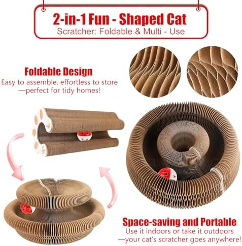 2pcs Cat Pad Scratcher Toys, Magic Organ Cat Toy & Kitty Curls Cat Toy, Interactive Cardboard Cat Scratching Board with Bell Balls, Corrugated Scratcher for Indoor Cats, Light Brown - Image 4