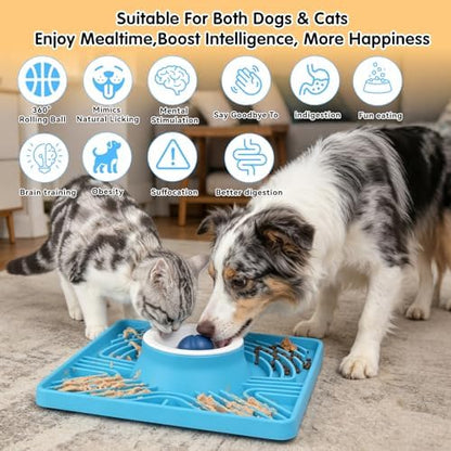 Slow Feeder Dog Bowls & Lick Mat for Liquid and Thick Treat, Upgraded Anti-Slip Dog Lick Bowl with Interactive Rolling Ball, 6/7 Cup Yogurt Pup Licking Toy for Large Medium Small Dogs and Cats, Blue - Image 5