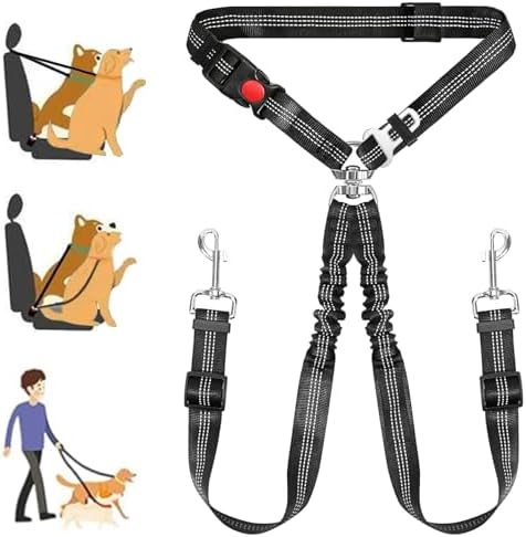 Double Dog Car Seatbelt No-Pull Bungee Reflective Black by Tiesenci