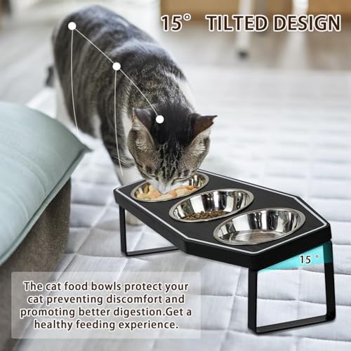 Gothic Cat Food Bowls Elevated, Raised Cat Bowls for Indoor, Non-Slip Stand & Wood Board, Stainless Steel and Whisker Friendly Food Bowls (Cat Bowl*3) - Image 3
