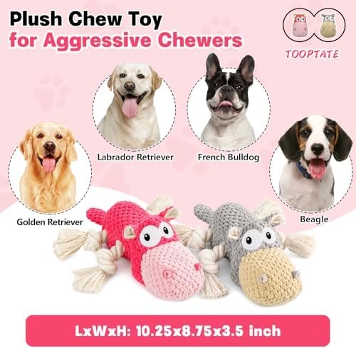 TOOPTATE 2-Pack Squeaky Hippo Dog Toys, Gray & Pink, Medium - Image 3