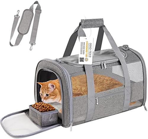 Soft Sided Cat Carrier for Small Cats Puppies up to 15 Lbs, Airline Approved Pet Carrier Collapsible Travel Puppy Carrier with Reflective Strip, Grey by CUSSIOU