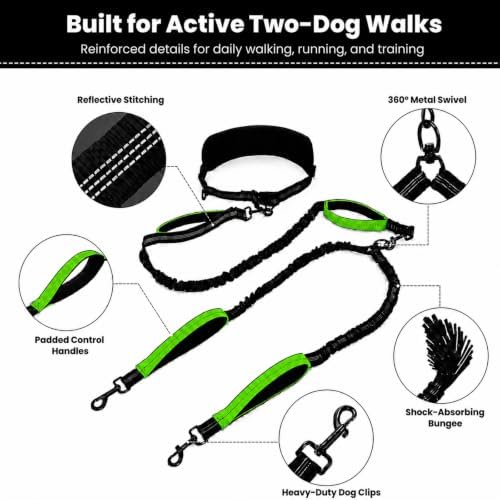 Hands Free Double Dog Leash, 4 Reflective Padded Handles, Adjustable Waist Belt 27-51", Shock-Absorbing Bungee, 360° Swivel Clips, for Small, Medium & Large Dogs, Walking Jogging Running - Image 5